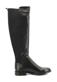 Stivale nero in pelle fino al ginocchio con pannello in tessuto testurizzato, punta appuntita, tacco basso a blocchetto e silhouette elegante.