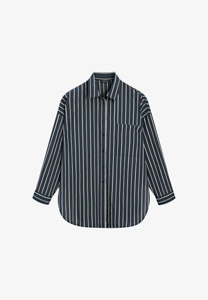 Camicia blu navy a maniche lunghe con bottoni, righe verticali bianche e tasca sul petto sul lato sinistro.