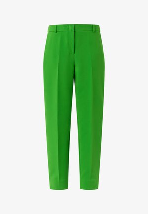 Green tailored trousers featuring a smooth fabric, straight leg design, front pleats, and a sleek waistband for a modern look.