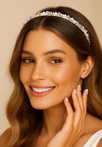 Serre-tête incrusté de cristaux avec une finition couleur argent, présentant un design délicat et des accents brillants, porté par une personne aux cheveux ondulés.