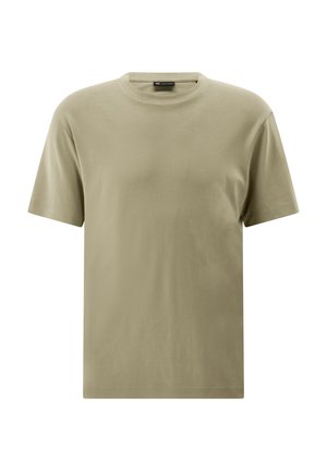 Olivgrünes Baumwoll-T-Shirt mit Rundhalsausschnitt, kurzen Ärmeln und lockerer Passform. Glatte Textur ohne sichtbare Muster oder Akzente.