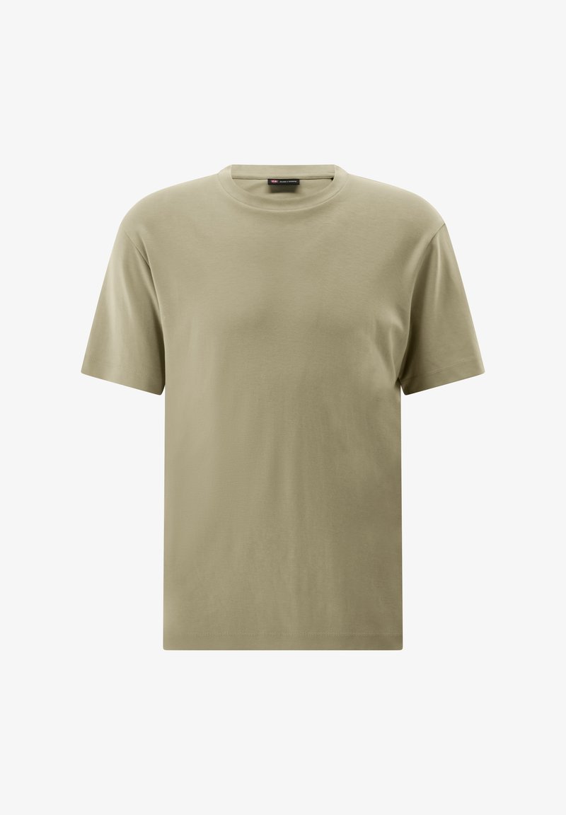 Olivgrünes Baumwoll-T-Shirt mit Rundhalsausschnitt, kurzen Ärmeln und lockerer Passform. Glatte Textur ohne sichtbare Muster oder Akzente.