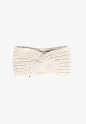 Kremowa, gruba dziergana opaska na głowę z przednim skręceniem, wykonana z grubej przędzy.