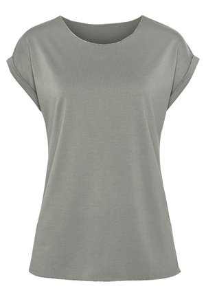 Světle šedé tričko s krátkými rukávy a volným kulatým výstřihem, vyrobené z hladké látky, s vyhrnutými rukávy a neušitým spodním lemem.