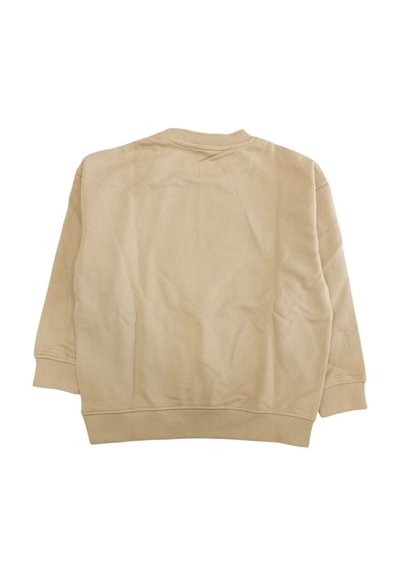 Felpa beige con scollo rotondo, maniche lunghe e polsini a costine, caratterizzata da una texture liscia e senza motivi o disegni visibili.