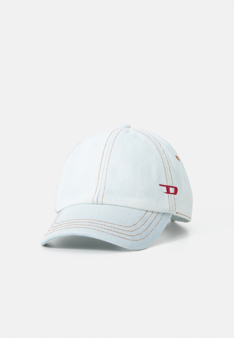 Light blue denim cap with contrasting orange stitching, curved brim, and a small red logo accent on the side.