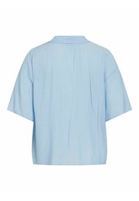 Chemise bleu clair à manches courtes, coupe ample et petit col, vue de dos sur fond blanc.