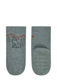 Green cotton socks with a wolf design and mountain pattern in dark green and red; textured grip on the sole.