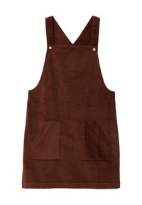 Braunes Corduroy-Salopette-Kleid mit V-förmigem Ausschnitt, zwei großen aufgenähten Taschen und strukturiertem Stoff. Verfügt über Metallschnallen an den Trägern.