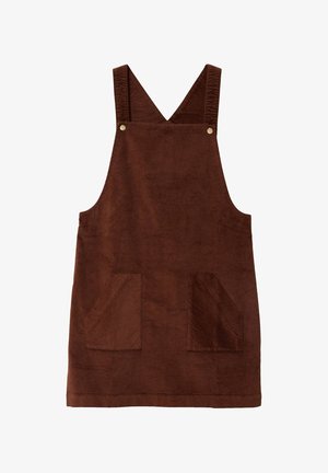 Braunes Corduroy-Salopette-Kleid mit V-förmigem Ausschnitt, zwei großen aufgenähten Taschen und strukturiertem Stoff. Verfügt über Metallschnallen an den Trägern.