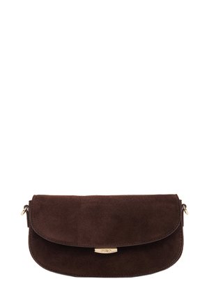 Hnědá sukně z nubuku s překlopným klopou a zlatým kováním. Vyznačuje se hladkým povrchem a elegantním, zaobleným tvarem. Zipová uzávěrka na boku.