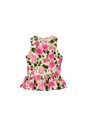 Top bianco smanicato con peplo, motivo floreale di rose rosa e foglie verdi, scollatura rotonda e zip posteriore.