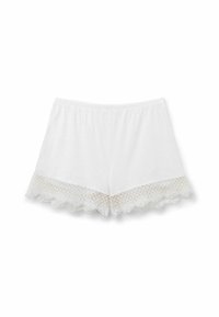 Witte shorts van zachte stof, met een decoratieve kantafwerking aan de zoom en een elastische tailleband voor comfort.