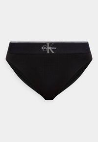 Μαύρα briefs της Calvin Klein με φαρδιά ζώνη μέσης που φέρει το λογότυπο "cK Calvin Klein" σε γκρι στο κέντρο μπροστά.