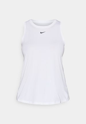 Λευκό αμάνικο αθλητικό μπλουζάκι από λείο ύφασμα, με στρογγυλή λαιμόκοψη και μικρό μαύρο λογότυπο της Nike στο στήθος.