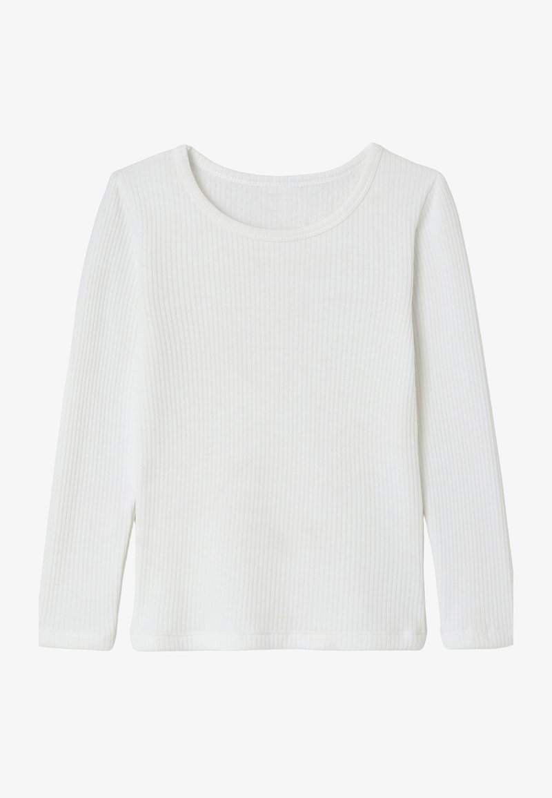 Top blanco de manga larga, tejido de punto acanalado, con escote redondo y ajuste ceñido.