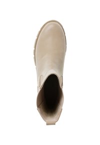Beige ankle boot made of smooth leather, featuring a rounded toe, elastic side panels, and a textured rubber sole with small lugs.