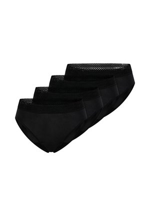 Fem sorte kvinders trusser med elastiske blonder i taljen, stablet diagonalt på en hvid baggrund.