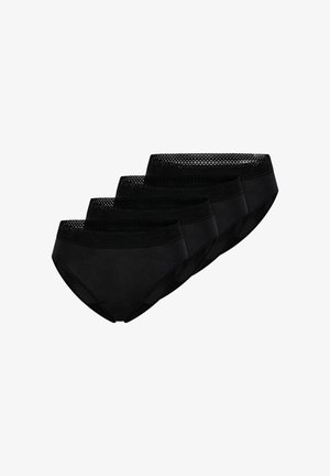 Cinco braguitas negras de mujer con cinturillas elásticas de encaje, apiladas en diagonal sobre un fondo blanco.