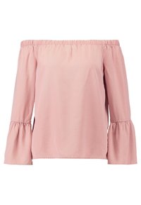 Blusa rosa off-the-shoulder con maniche a campana lunghe, realizzata in tessuto leggero, presenta un colletto e polsini delle maniche arricciati ed elastici.