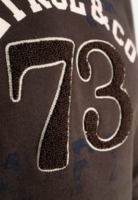 Hnědá mikina s prošívaným tmavě hnědým číslem "73" a krémovým šitím. Pozadí zobrazuje vybledlé modré vzory.