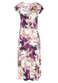 Maxikleid mit Blumenmuster, das lila und pinke Blumen auf einem hellen Hintergrund zeigt, mit kurzen Ärmeln, einem Taillenband und einem Schlüsselaugen-Rückenverschluss.