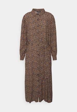 Vestido com padrão floral em tecido escuro, apresentando um decote de gola, mangas longas e uma cintura ajustada que se alarga na barra.