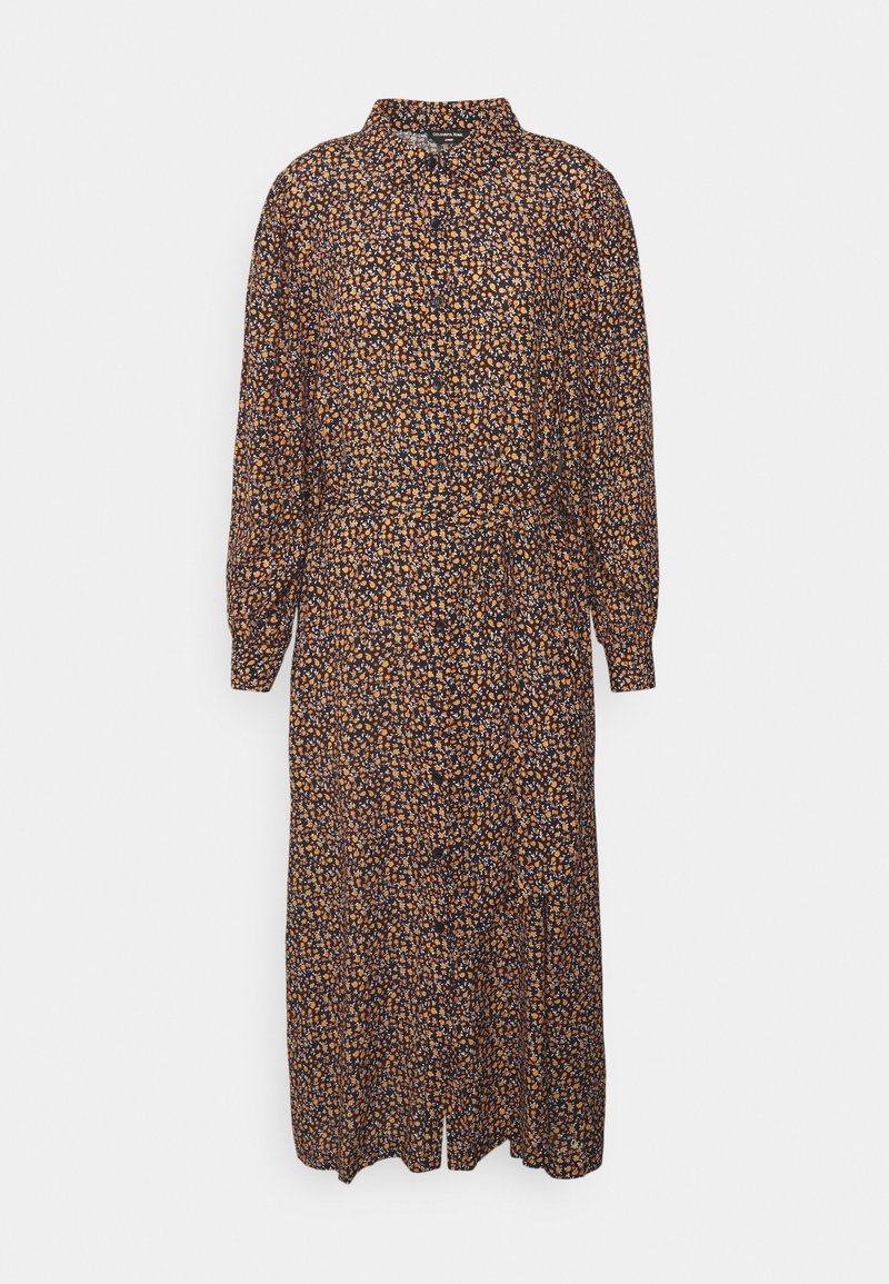 Vestido com padrão floral em tecido escuro, apresentando um decote de gola, mangas longas e uma cintura ajustada que se alarga na barra.