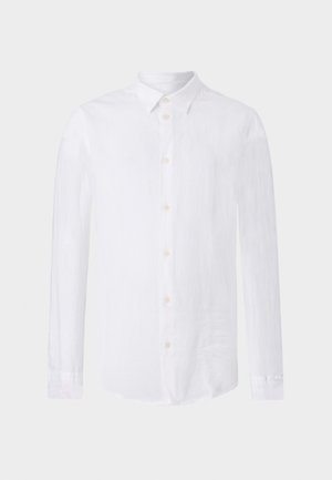 White long-sleeve shirt made of linen. Features a classic collar, button front, and curved bottom hem with a textured, lightweight finish.