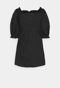 Robe noire avec manches courtes bouffantes, encolure carrée et détails à volants. Confectionnée dans un tissu lisse, elle comporte une fermeture éclair au dos et une silhouette cintrée.