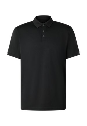 Zwart poloshirt met korte mouwen, drie knopen, klassieke kraag en een subtiel logo op de linker mouw.