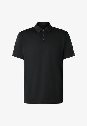 Zwart poloshirt met korte mouwen, drie knopen, klassieke kraag en een subtiel logo op de linker mouw.