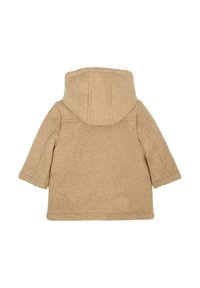 Cappotto di lana color sabbia con cappuccio, maniche corte e una superficie liscia. Presenta cuciture semplici e una forma ad A, progettato per un abbigliamento casual.