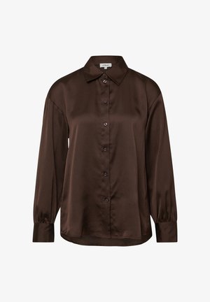 Bruine satijnen blouse met lange mouwen, knoopsluiting aan de voorkant, klassieke kraag en manchetrokken mouwen. Soepele textuur met een subtiele glans.
