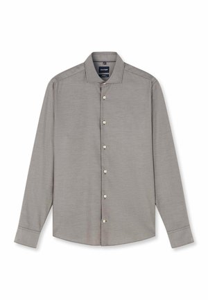Long-sleeve men's button-up shirt in light grey with a classic collar and visible white buttons down the front.