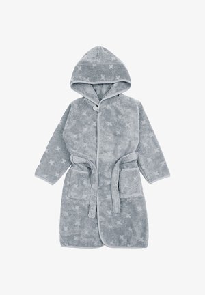 Szary dziecięcy szlafrok z kapturem w gwiazdki, zapinany na guziki, z dwoma przednimi kieszeniami i paskiem wiązanym w talii.