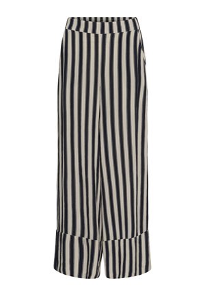 Wijde broek met verticale zwart-witte strepen en brede zomen aan de onderkant, ontworpen voor een ontspannen pasvorm.