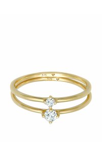 Goldring mit zwei verflochtenen Bändern, versehen mit zwei runden, klaren Steinen, die in einer Krappenfassung montiert sind, gestempelt mit 375er Reinheit.