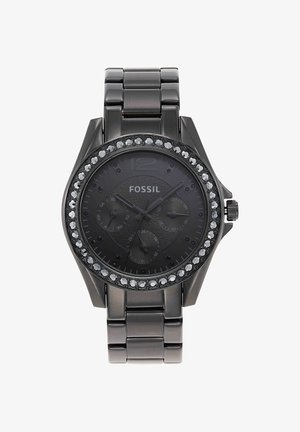 Montre-bracelet en métal noir Fossil avec lunette sertie de cristaux, trois sous-cadrans et bracelet à maillons, indiquant l’heure avec des aiguilles heures, minutes et secondes.