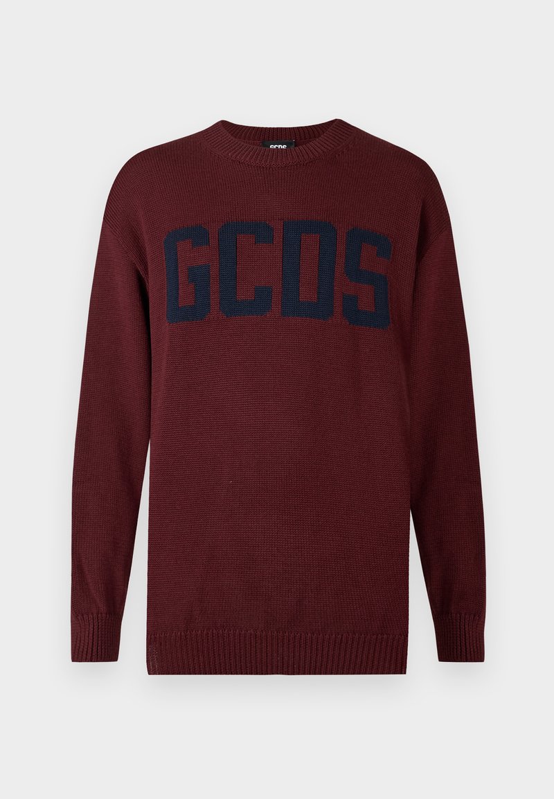 Bordová pletená mikina s dlhými rukávmi, okrúhlym výstrihom a veľkým námorníckym logom "GCDS" na prednej strane. Detailne spracované pružné manžety a lem.
