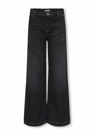 Jean denim noir à jambes larges avec fermeture par boutons et zipper, passants pour ceinture et poches avant, présenté sur fond blanc.