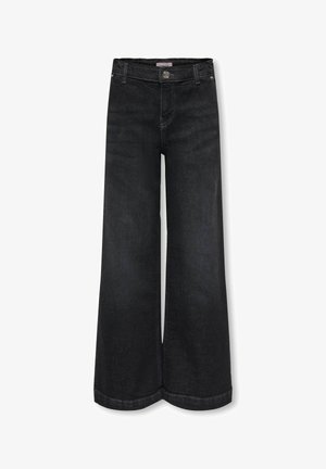 Črne široke kavbojke iz jeansa z gumbnim in zadržnim zapiranjem, pasnimi zankami ter sprednjimi žepi, prikazane na belem ozadju.