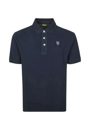 Mørkeblå kortærmet poloshirt med tre hvide knapper og et lille Blauer logo på venstre bryst.