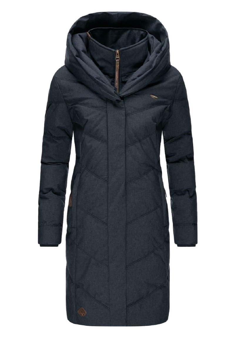 Dark gray puffer coat with a large, draped hood, zip closure, side pockets, and diagonal quilted pattern. Features a small logo accent.