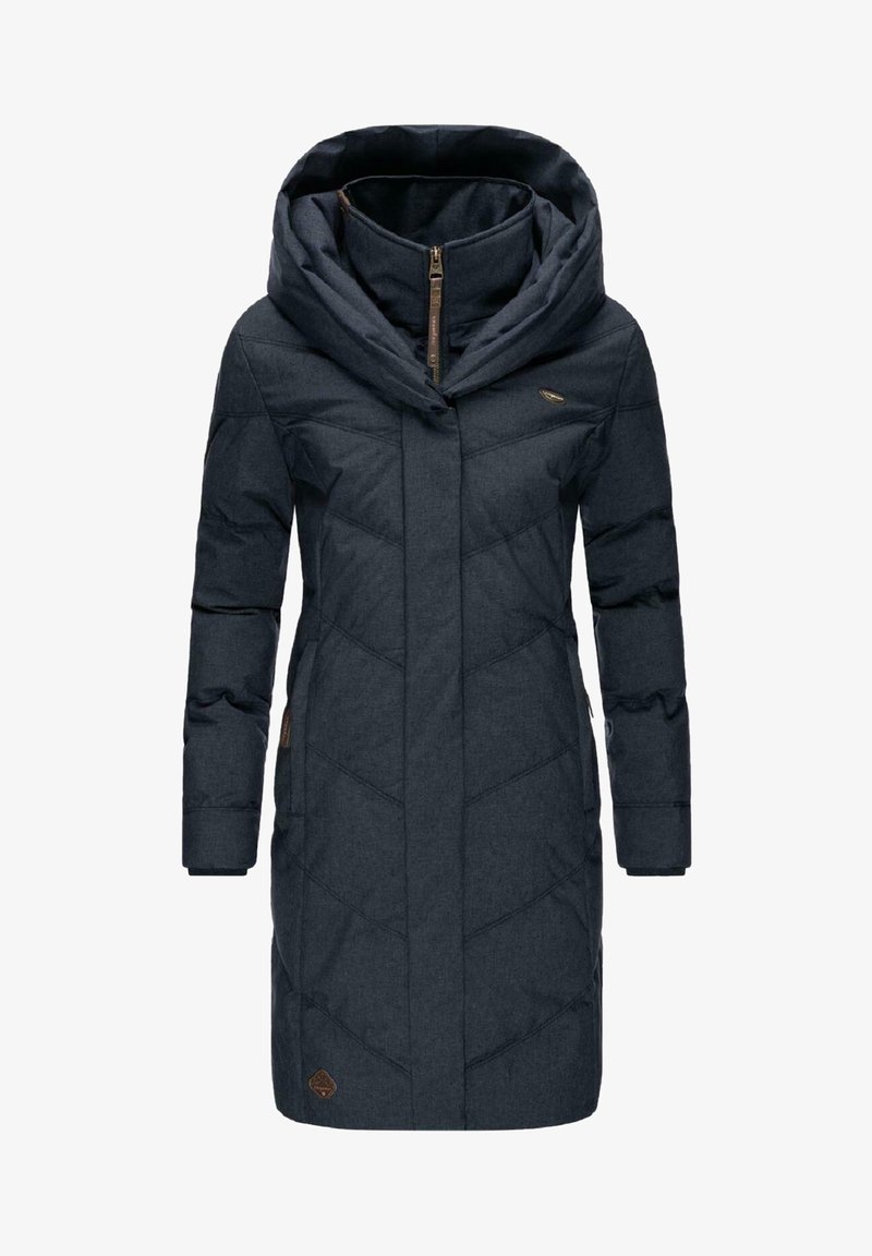 Dark gray puffer coat with a large, draped hood, zip closure, side pockets, and diagonal quilted pattern. Features a small logo accent.