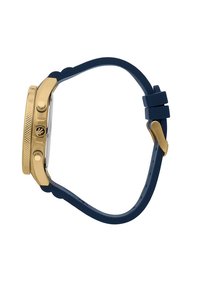 Orologio in tono oro con una lunetta testurizzata e due pulsanti laterali. Presenta un cinturino in gomma blu con chiusura a fibbia. Visualizzazione in orientamento verticale.