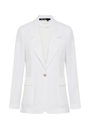 Weißer, maßgeschneiderter Blazer mit Kerbkragen, einem einzelnen silbernen Knopfverschluss und zwei Klappentaschen vorne, lange Ärmel.