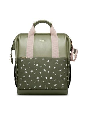 Grüner Kunstleder-Rucksack mit hellrosa Trägern. Besitzt eine vorderseitige Tasche mit Blumenmuster und ein seitliches Fach mit Reißverschluss.