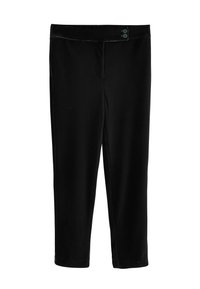 Pantaloni neri realizzati in tessuto morbido con una texture liscia. Presentano una vita piatta con due bottoni. Design a gamba dritta, lunghezza alla caviglia.