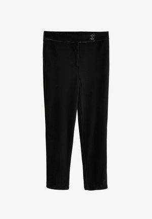 Black pants made of soft fabric with a smooth texture. Features a flat waistband with two buttons. Straight leg design, ankle length.